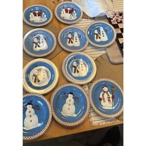 Sakura Snowman SNOWMAN 8-1/8" Salad Plates by Debbie Mumm Designs Set of 10 vtg